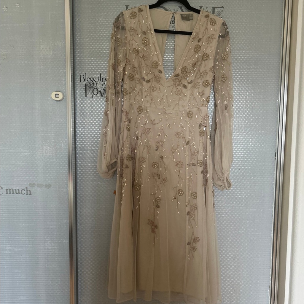 Asos Luxury Beige Long Sleeve Embellished Dress